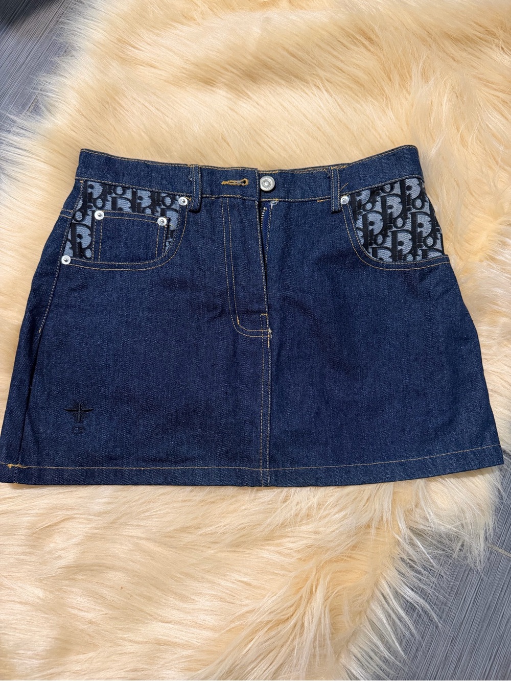 Others Follow Navy Denim Mini Skirt with Monogram Pocket Accents size S